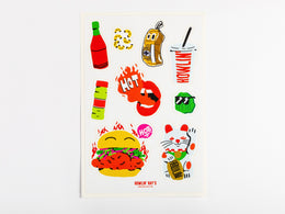 Sheet of colorful food-themed stickers: burger, ketchup bottle, soda cup, fries, lips labeled HOT, and condiment stickers